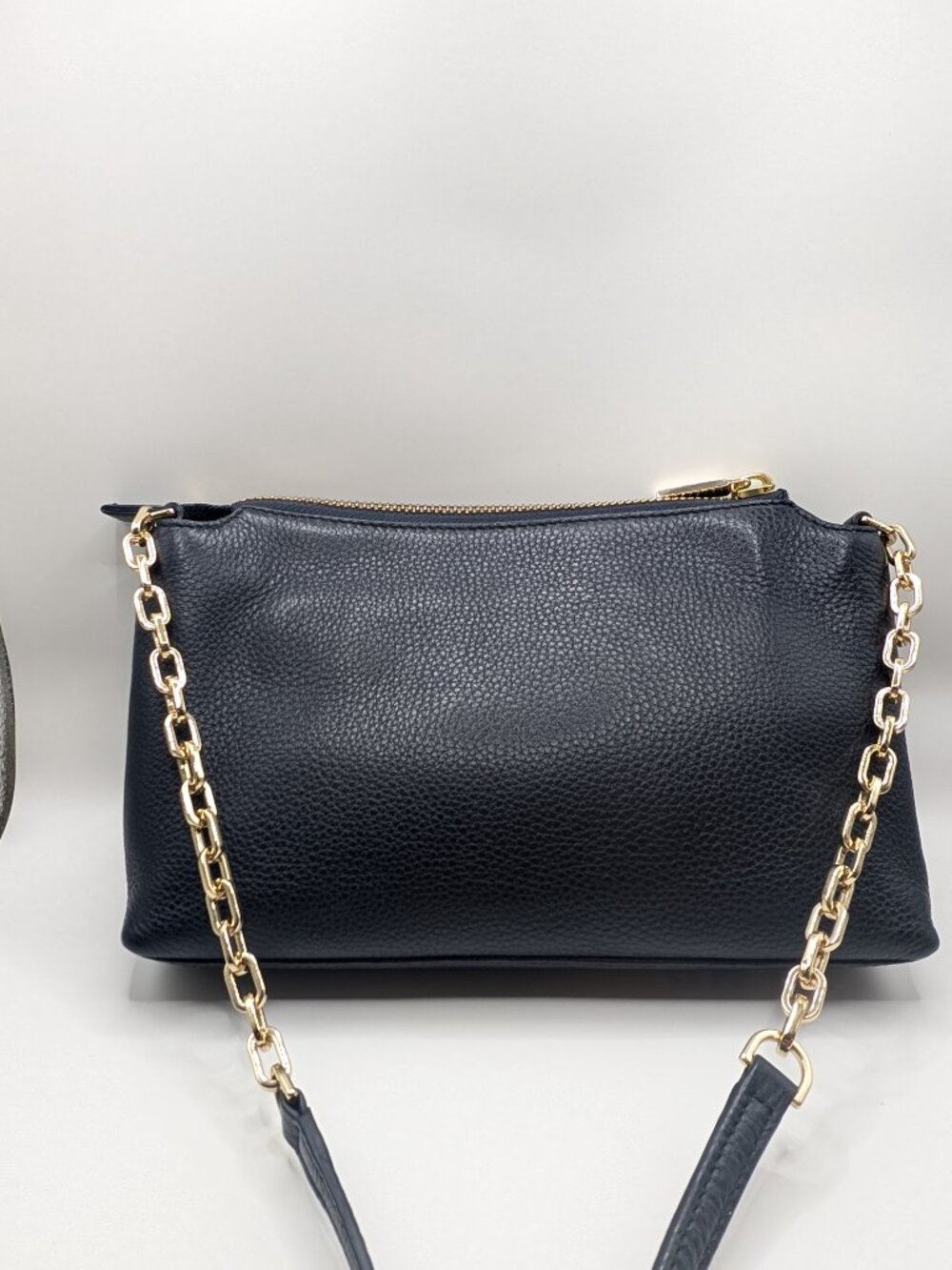 Tory Burch Navy Perry Bombé Double-Zip Crossbody | Gold Chain Strap | Pebbled - Picture 2 of 7